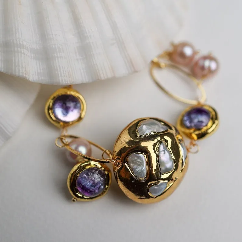 Natural fresh water purple murano glass necklace