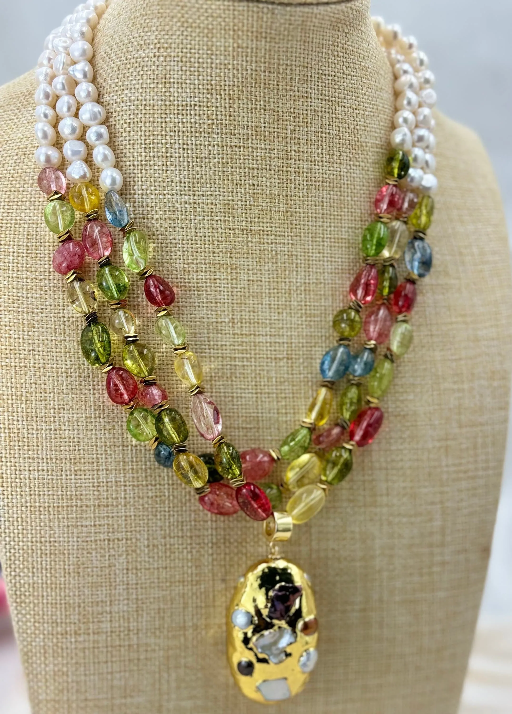 Natural pearl 3 line gemstone baroque pearl pendant necklace