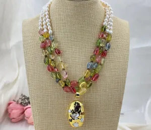 Natural pearl 3 line gemstone baroque pearl pendant necklace