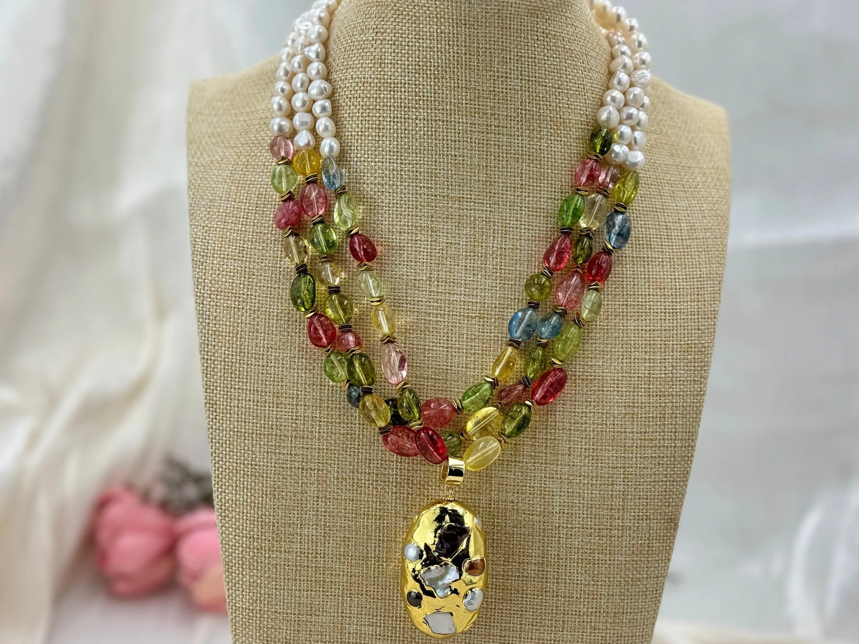 Natural pearl 3 line gemstone baroque pearl pendant necklace