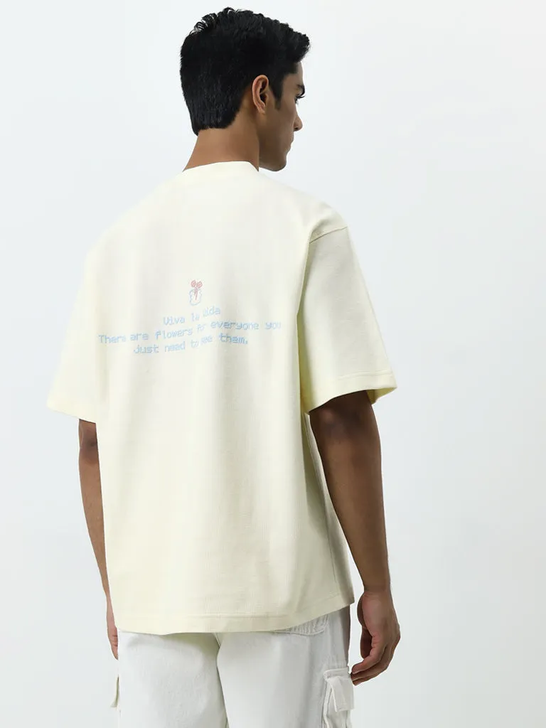 Nuon Light Yellow Floral Print Relaxed-Fit Cotton T-Shirt