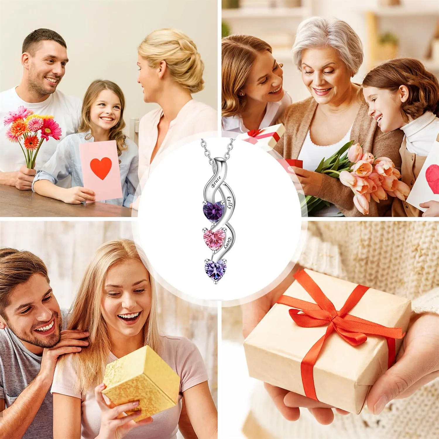 ORFAN Personalized Sterling Silver Mothers Name Necklace with 1-6 Simulated Birthstones Custom Heart Pendant Necklace Personalized Mom Necklace for Christmas