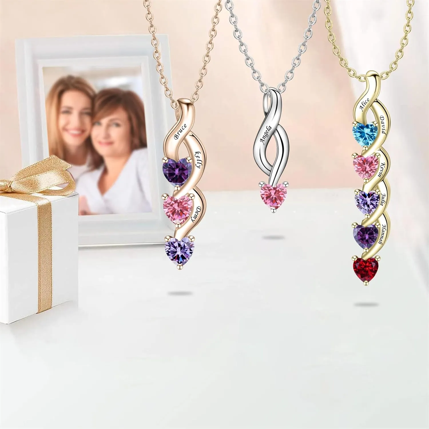 ORFAN Personalized Sterling Silver Mothers Name Necklace with 1-6 Simulated Birthstones Custom Heart Pendant Necklace Personalized Mom Necklace for Christmas