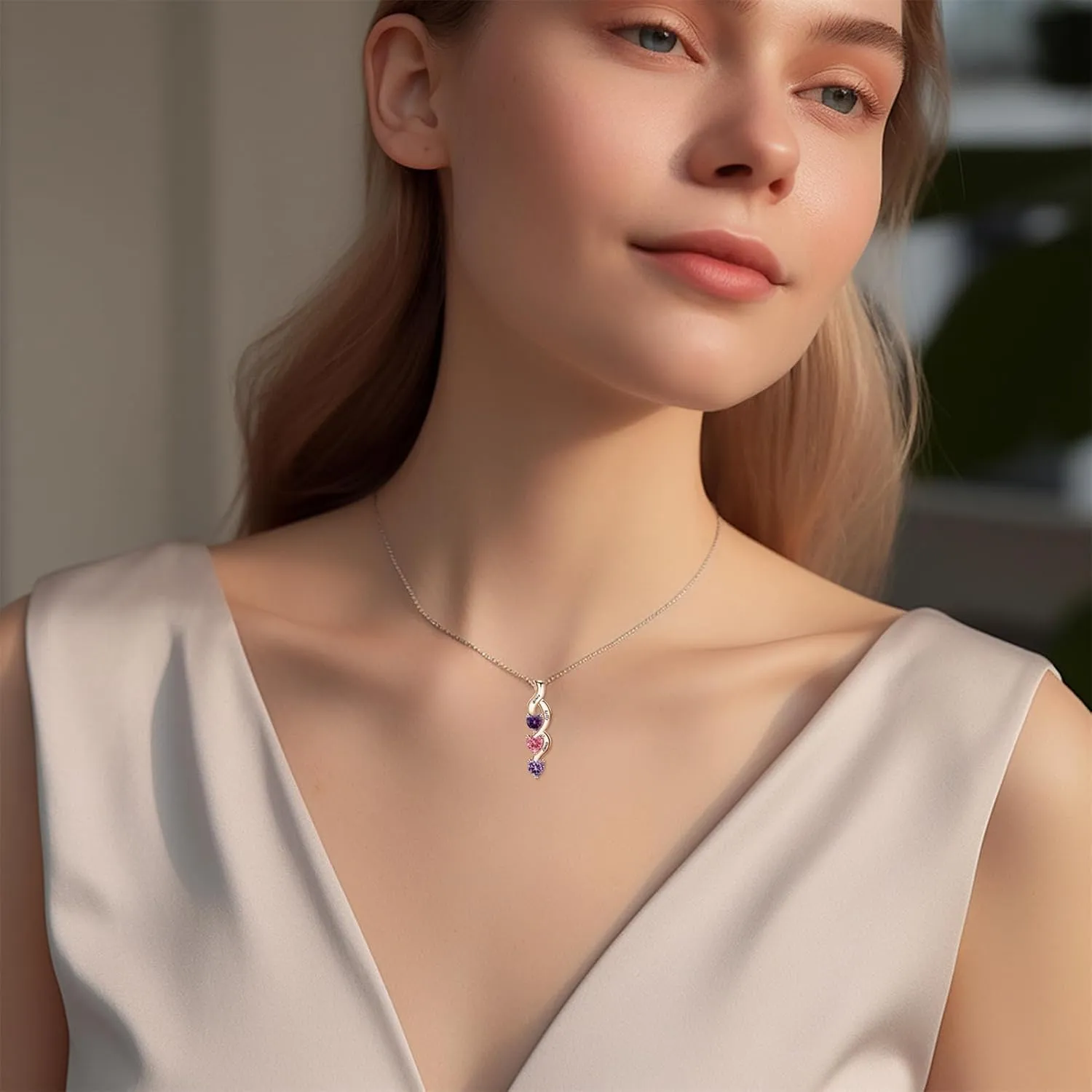 ORFAN Personalized Sterling Silver Mothers Name Necklace with 1-6 Simulated Birthstones Custom Heart Pendant Necklace Personalized Mom Necklace for Christmas