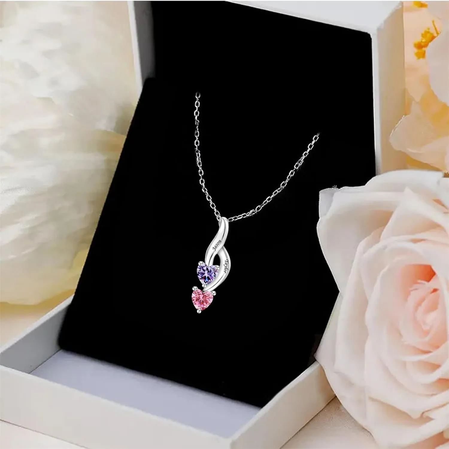 ORFAN Personalized Sterling Silver Mothers Name Necklace with 1-6 Simulated Birthstones Custom Heart Pendant Necklace Personalized Mom Necklace for Christmas