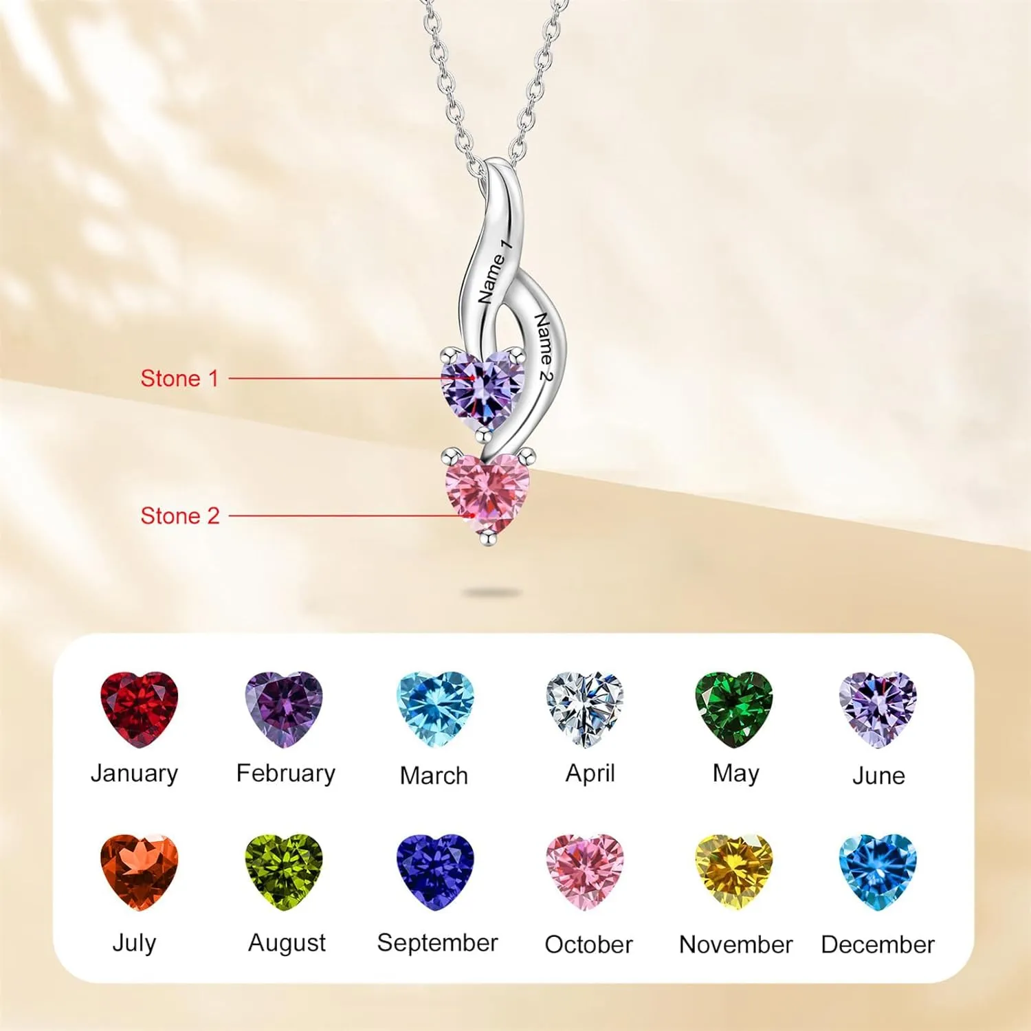 ORFAN Personalized Sterling Silver Mothers Name Necklace with 1-6 Simulated Birthstones Custom Heart Pendant Necklace Personalized Mom Necklace for Christmas