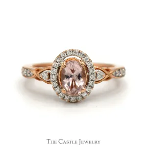 Oval Morganite Ring with Diamond Halo and Accented Sides in 10k Rose Gold