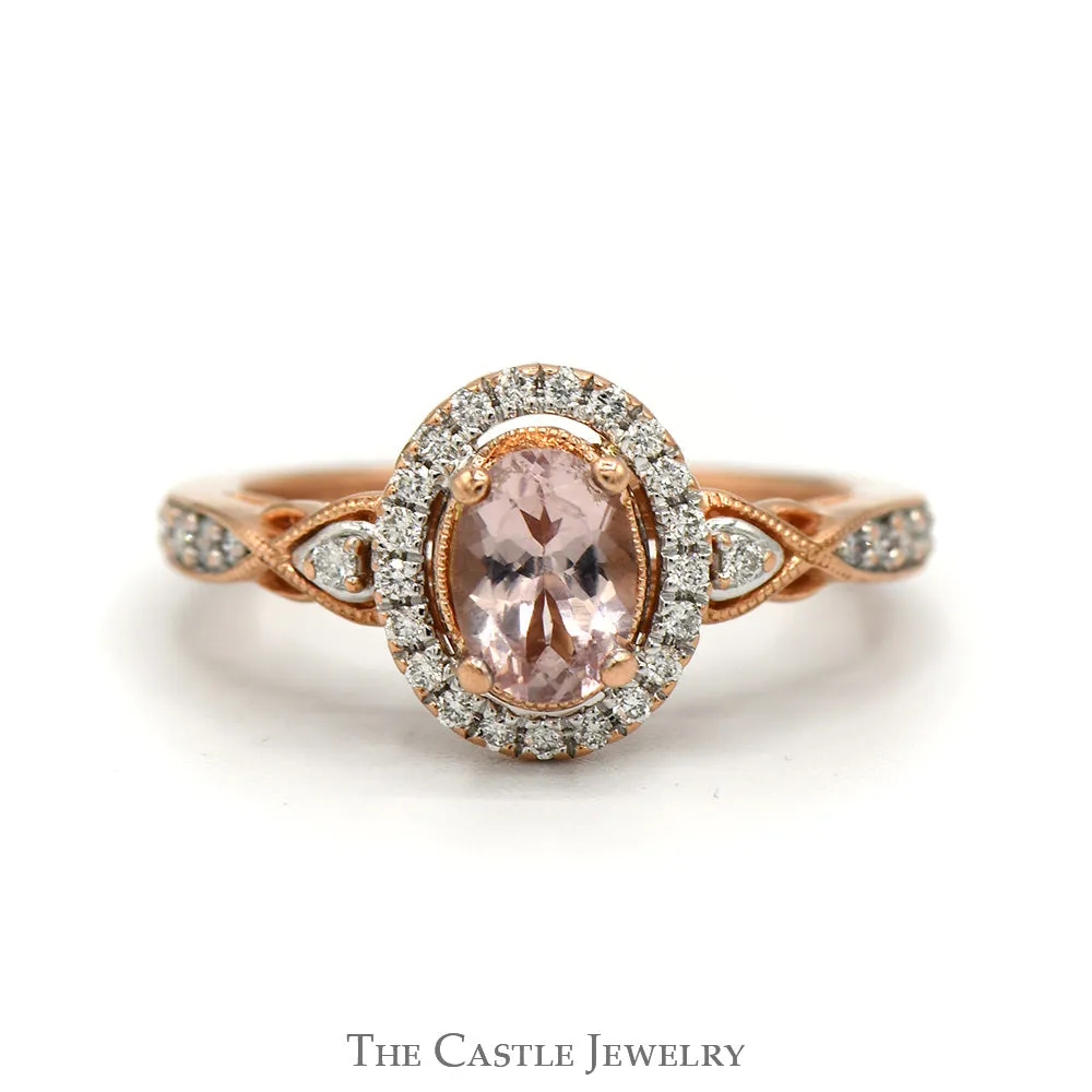 Oval Morganite Ring with Diamond Halo and Accented Sides in 10k Rose Gold