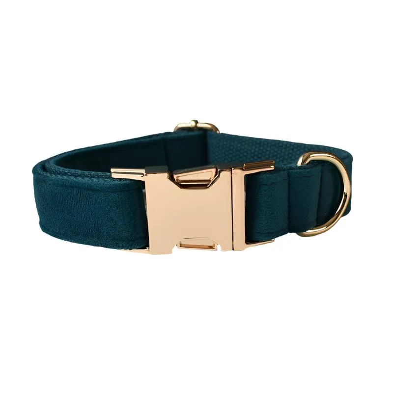 Peacock Blue Velvet with Detachable Bow Tie Personalized Leash Set