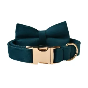 Peacock Blue Velvet with Detachable Bow Tie Personalized Leash Set