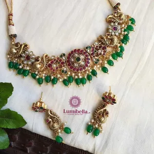Peacock Choker With Green Big Beads