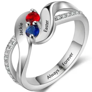Personalized Mothers Ring 2 Birthstone Swept Hearts 2 Engraved Names