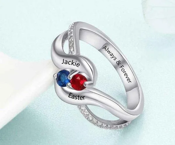 Personalized Mothers Ring 2 Birthstone Swept Hearts 2 Engraved Names