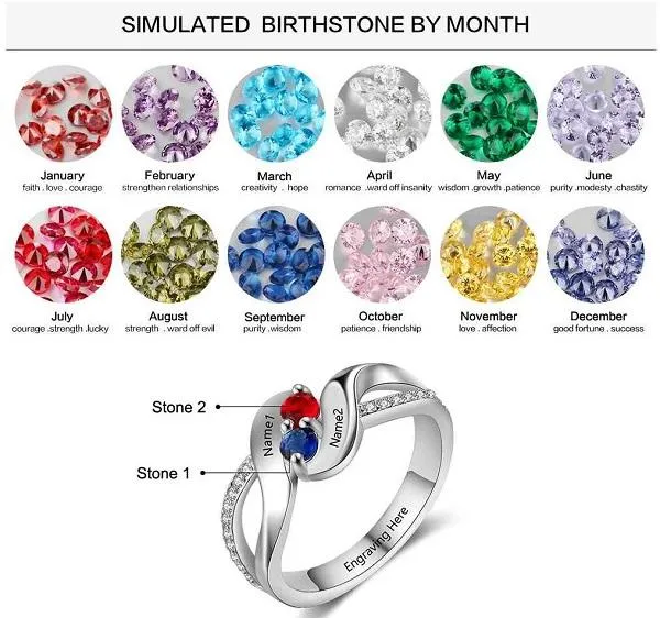 Personalized Mothers Ring 2 Birthstone Swept Hearts 2 Engraved Names