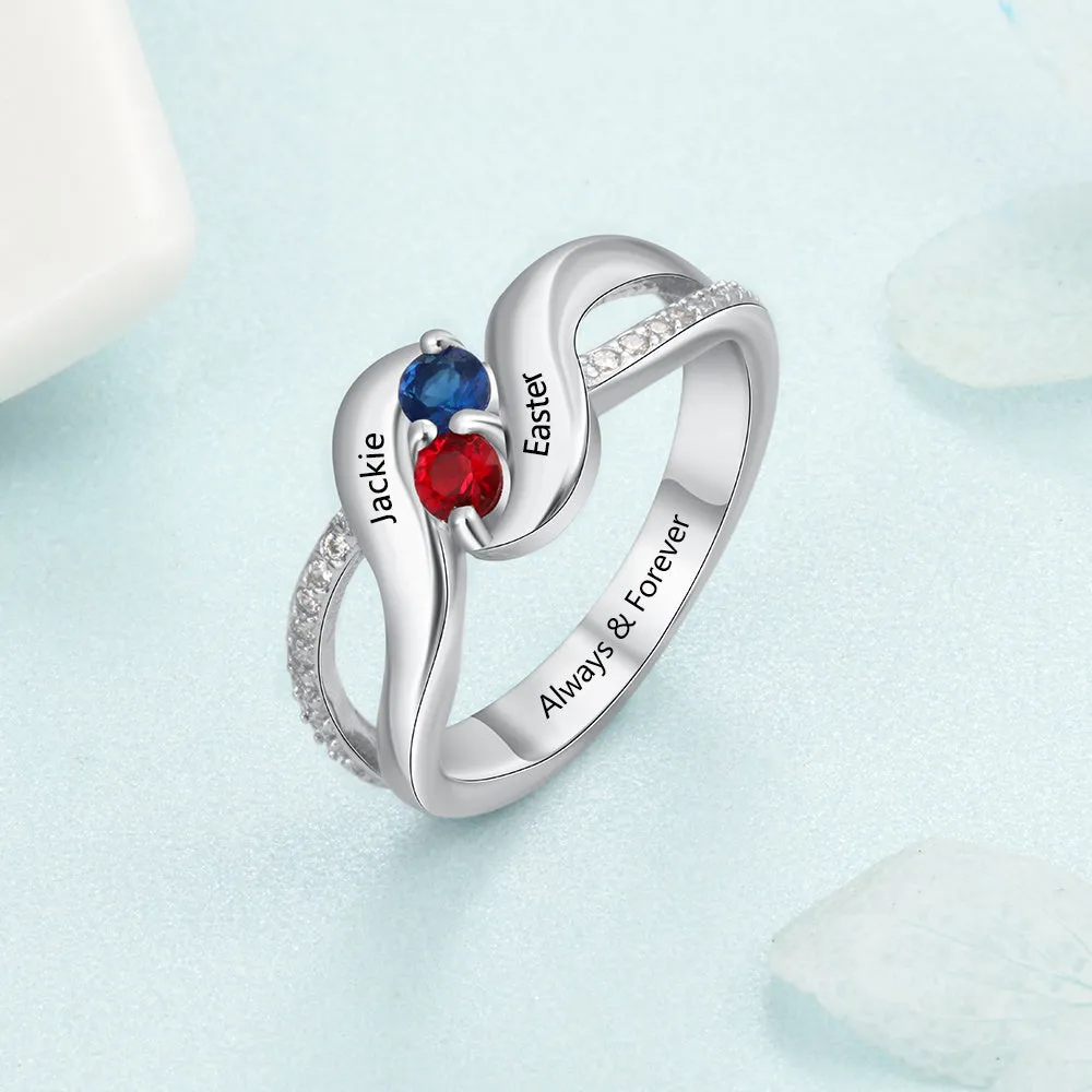 Personalized Mothers Ring 2 Birthstone Swept Hearts 2 Engraved Names