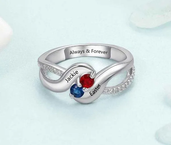 Personalized Mothers Ring 2 Birthstone Swept Hearts 2 Engraved Names