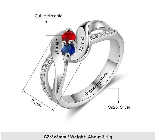 Personalized Mothers Ring 2 Birthstone Swept Hearts 2 Engraved Names