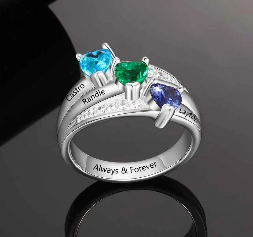 Personalized Mother's Ring 3 Heart Birthstones 3 Engraved Names