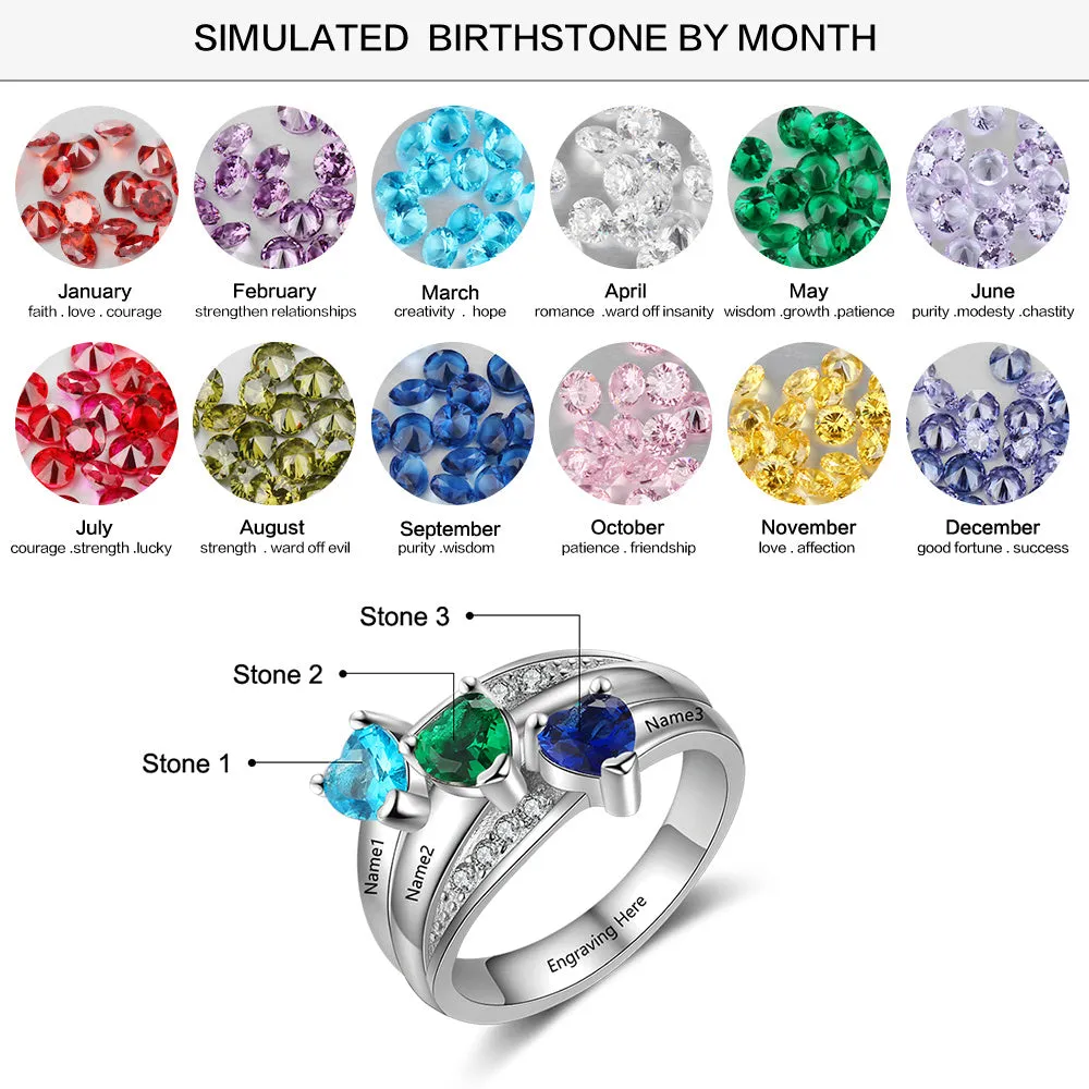 Personalized Mother's Ring 3 Heart Birthstones 3 Engraved Names