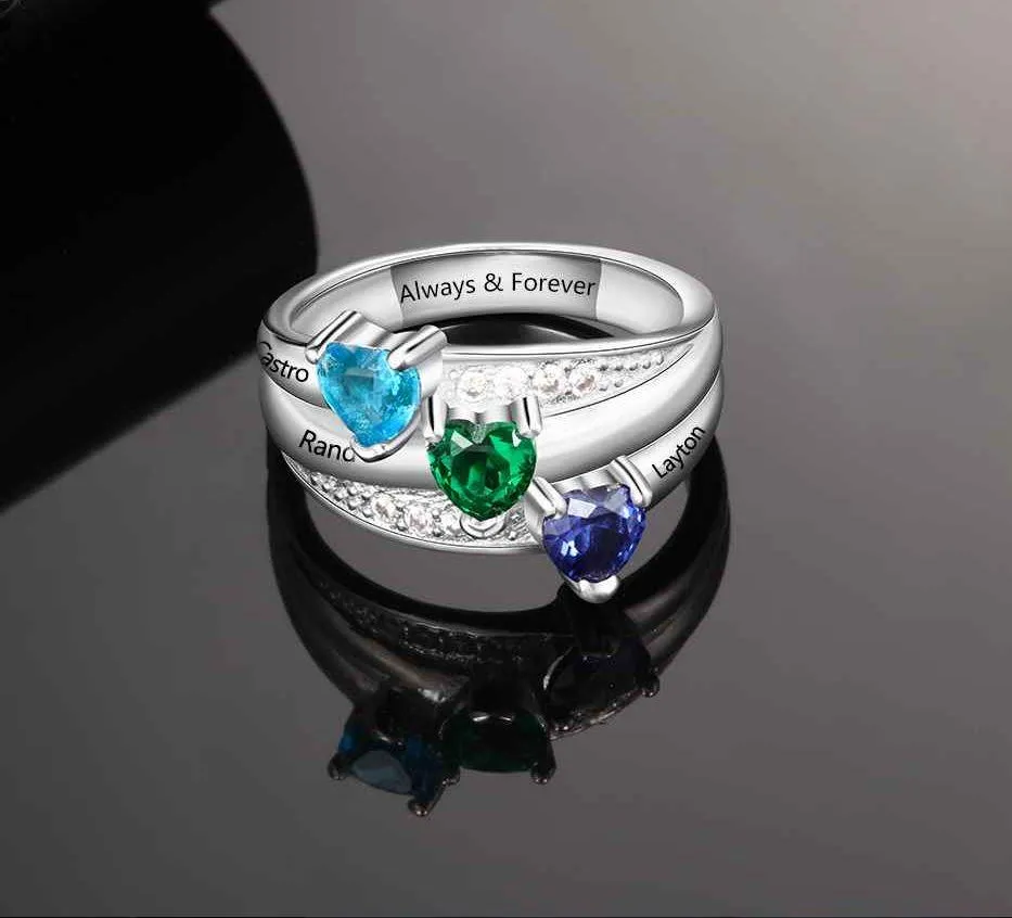 Personalized Mother's Ring 3 Heart Birthstones 3 Engraved Names