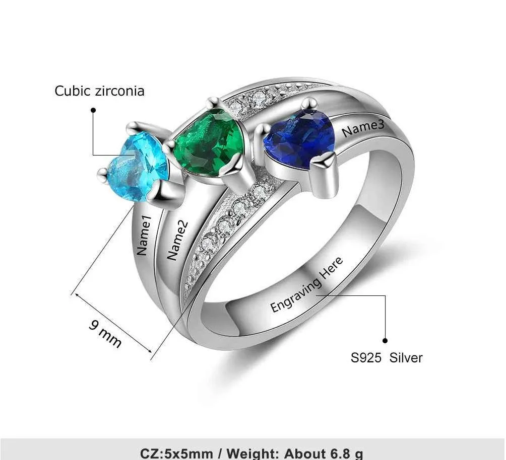 Personalized Mother's Ring 3 Heart Birthstones 3 Engraved Names