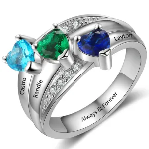 Personalized Mother's Ring 3 Heart Birthstones 3 Engraved Names