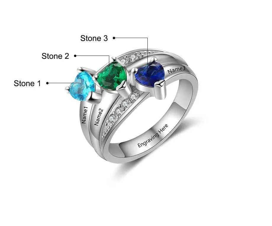 Personalized Mother's Ring 3 Heart Birthstones 3 Engraved Names
