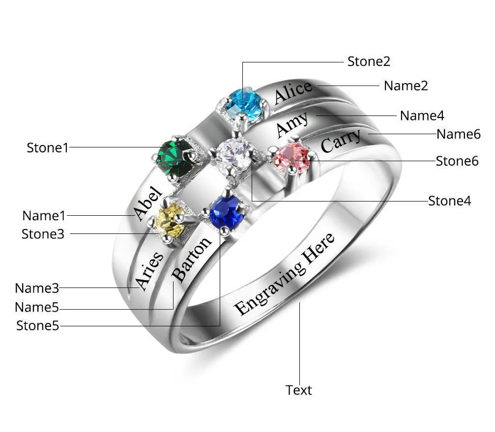 Personalized Mother's Ring 6 Stone 6 Engraved Names Ribbon Band