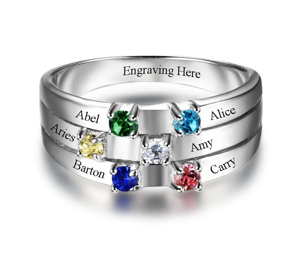 Personalized Mother's Ring 6 Stone 6 Engraved Names Ribbon Band