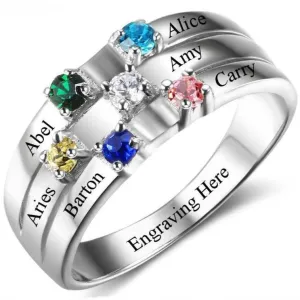 Personalized Mother's Ring 6 Stone 6 Engraved Names Ribbon Band