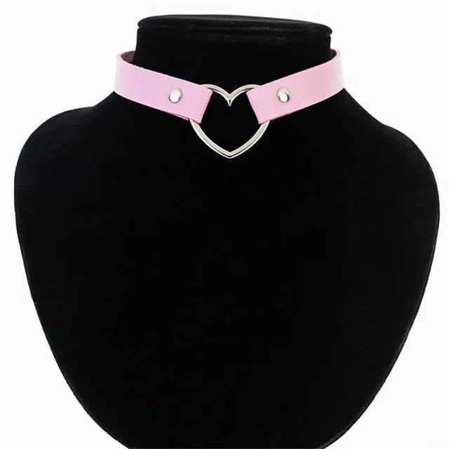 Punk Leather Heart Studded Choker Necklace