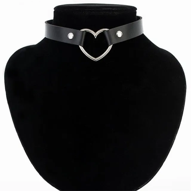 Punk Leather Heart Studded Choker Necklace