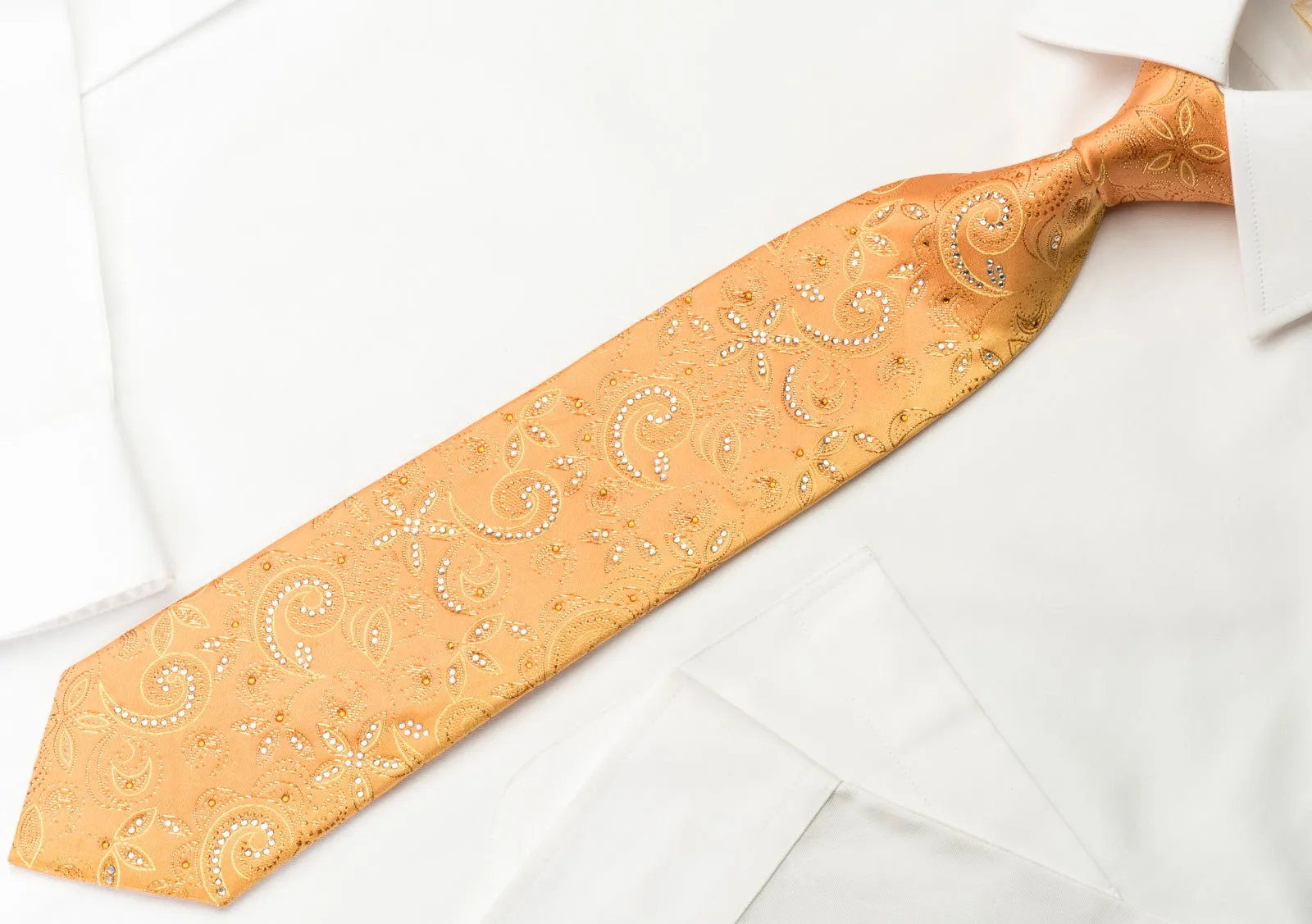 Rhinestone Necktie Floral On Peach Orange With Golden Sparkles