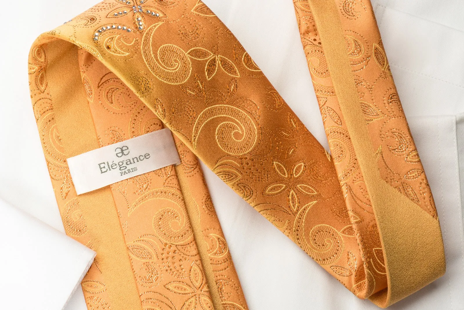 Rhinestone Necktie Floral On Peach Orange With Golden Sparkles