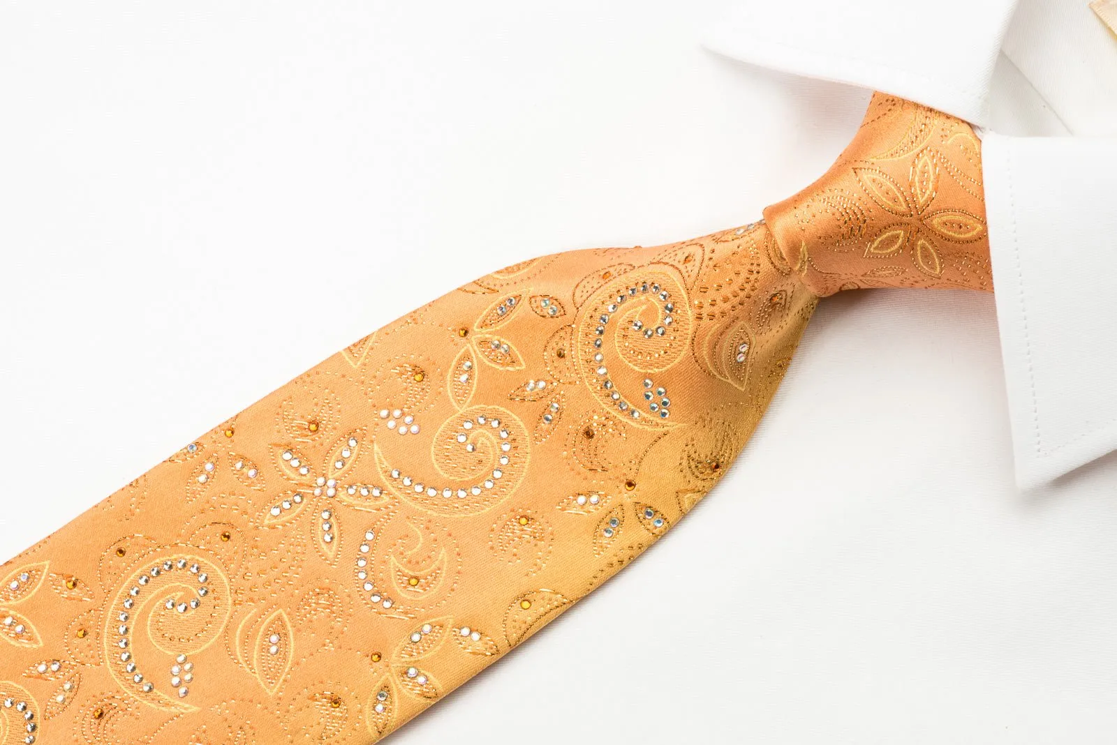 Rhinestone Necktie Floral On Peach Orange With Golden Sparkles