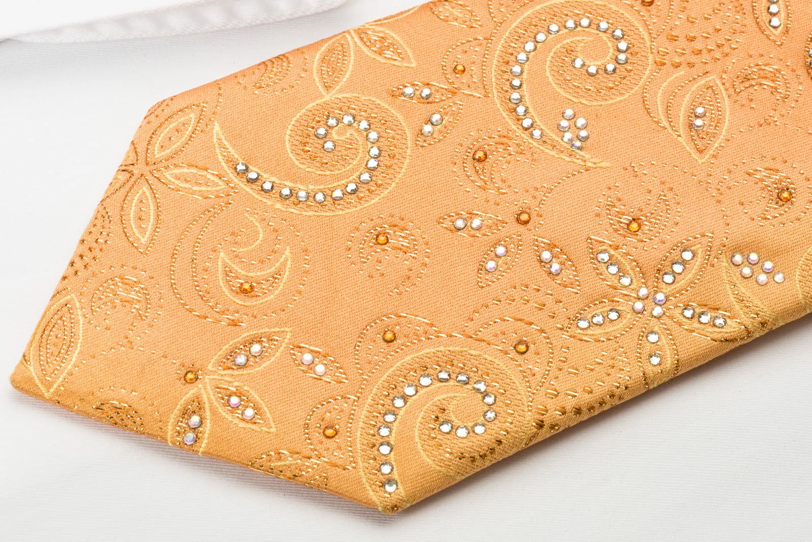 Rhinestone Necktie Floral On Peach Orange With Golden Sparkles