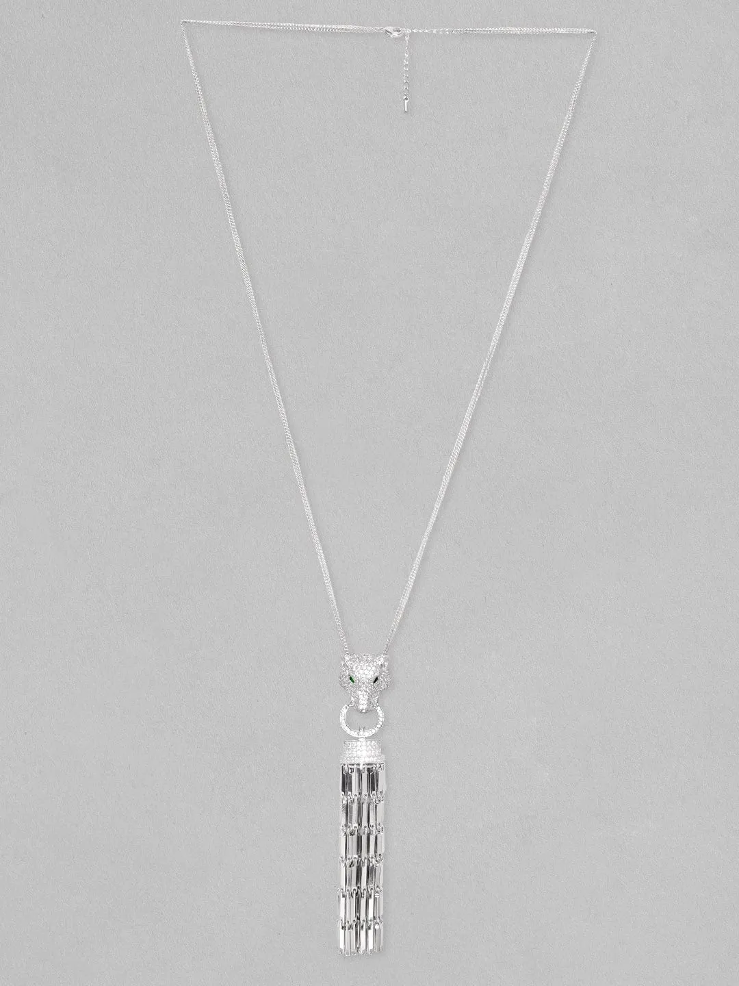 Rhodium plated Brilliant Cut Crystal Zirconia Panther Motif & Tassels Pendant Chain Necklace
