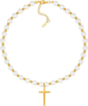 Sacina Gold-tone Imitation-pearl Choker, Goth Cross Gothic Y2k Necklace, Christmas Jewelry Gift for Women