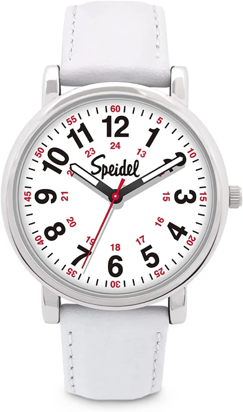 Speidel Scrub Watch for Medical Professionals with White Genuine Leather Band - Easy to Read Timepiece with Red Second Hand, Military Time for Nurses, Doctors, Surgeons, EMT Workers Students and More