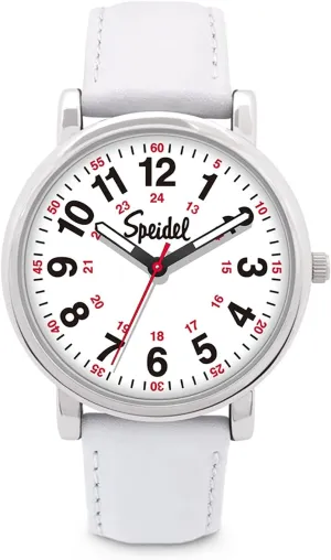 Speidel Scrub Watch for Medical Professionals with White Genuine Leather Band - Easy to Read Timepiece with Red Second Hand, Military Time for Nurses, Doctors, Surgeons, EMT Workers Students and More