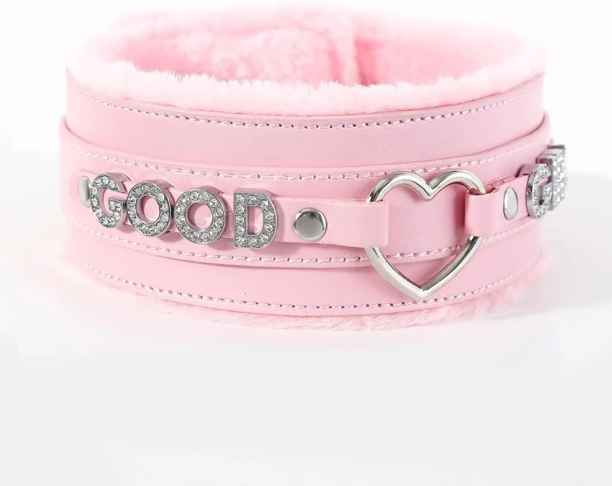 Succuba Handmade Fluffy Heart Rhinestone Heart Ring Pu Leather Choker Collar For Women, Handmade Punk Gothic Letter Necklace Adjustable Fashion Jewerly