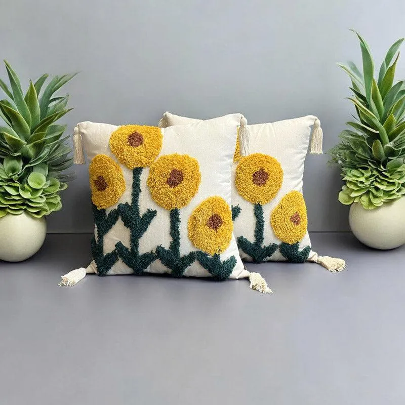 Sunflower Garden Tufted Cushion Cover - Set Of Two