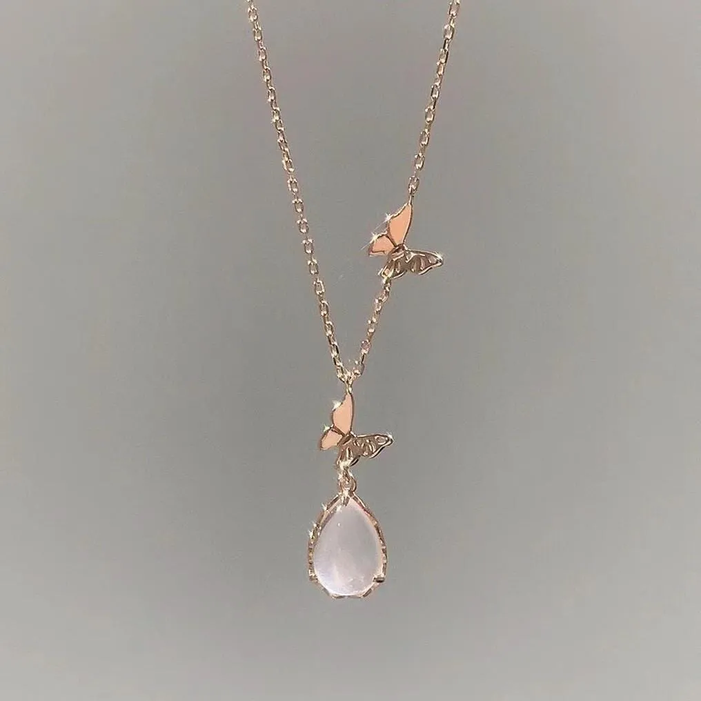 Sweet Pink Crystal Pendant Butterfly Necklace