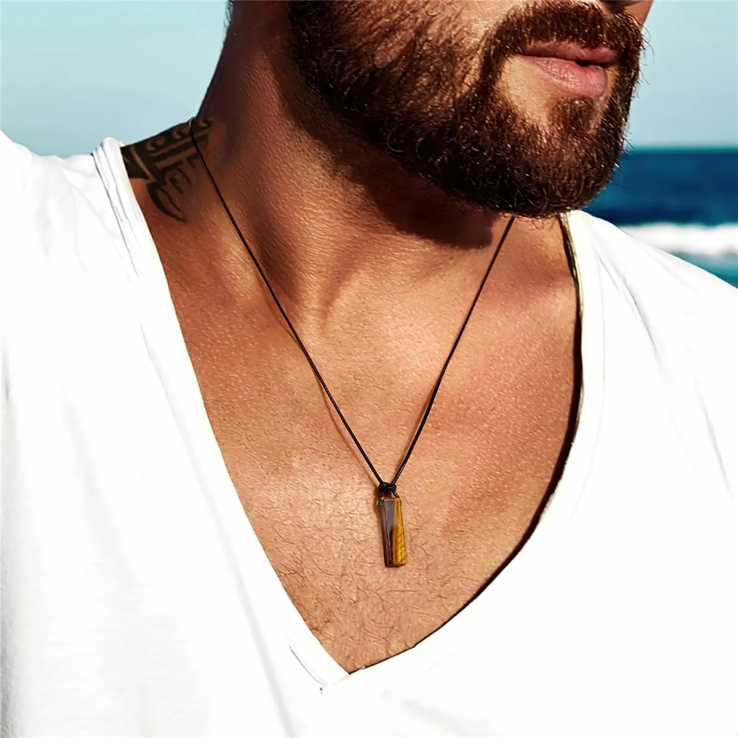 Tigers Eye Necklace for Men Natural Stone Necklace Adjustable Black Rope Tiger Eye Pendant Spiritual Energy Crystals and Healing Stones Necklace Protection Necklace Gifts for Men Women