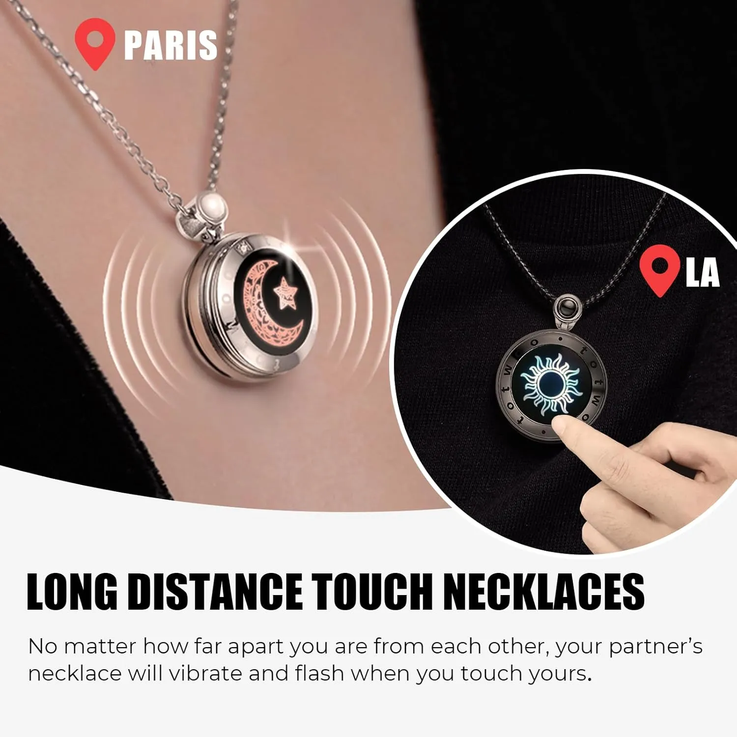TOTWOO Long Distance Touch Necklace| Vibration & Light Up Smart Necklace for Long Distance Relationship Gifts (Black Rose Gold) Couples Necklace with Natural Agate Gift for Her and Him