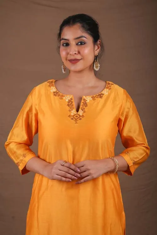 Urmul Desert Crafts-  "DEVOLEEN" Mustard Chanderi Kurta