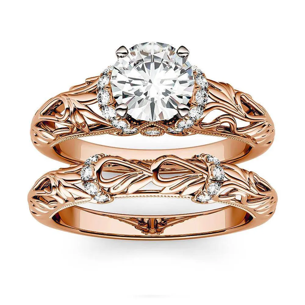 Vintage Art Deco Round Moissanite Engagement Ring Bridal Set