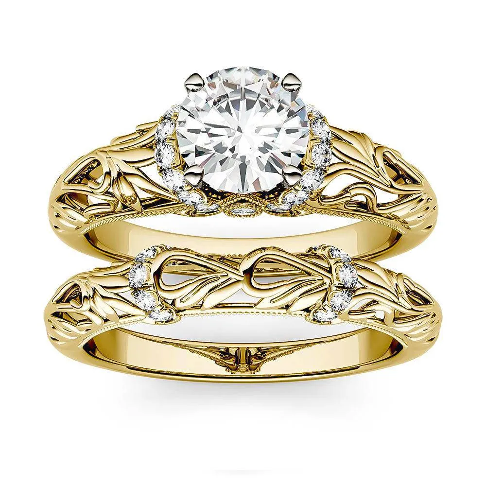Vintage Art Deco Round Moissanite Engagement Ring Bridal Set
