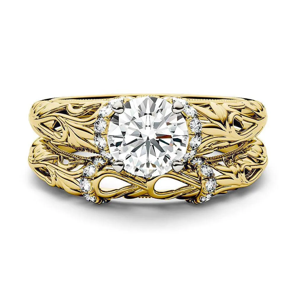 Vintage Art Deco Round Moissanite Engagement Ring Bridal Set