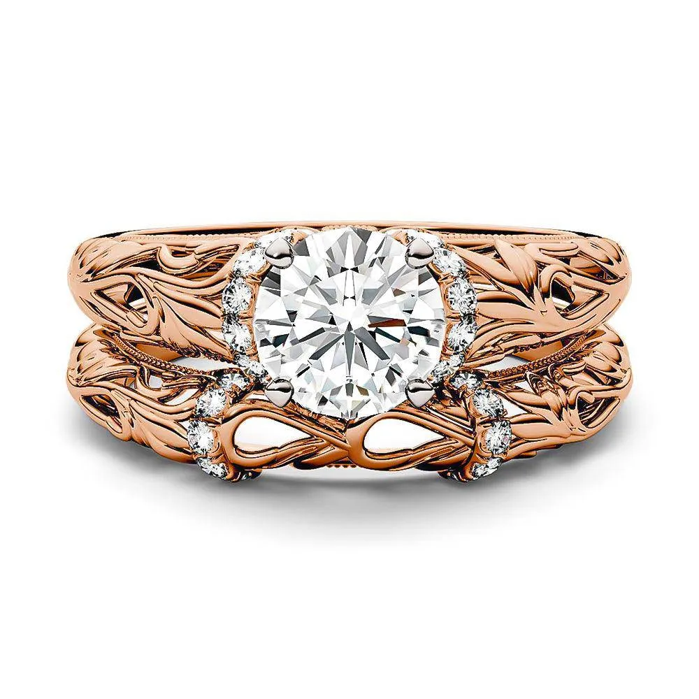 Vintage Art Deco Round Moissanite Engagement Ring Bridal Set